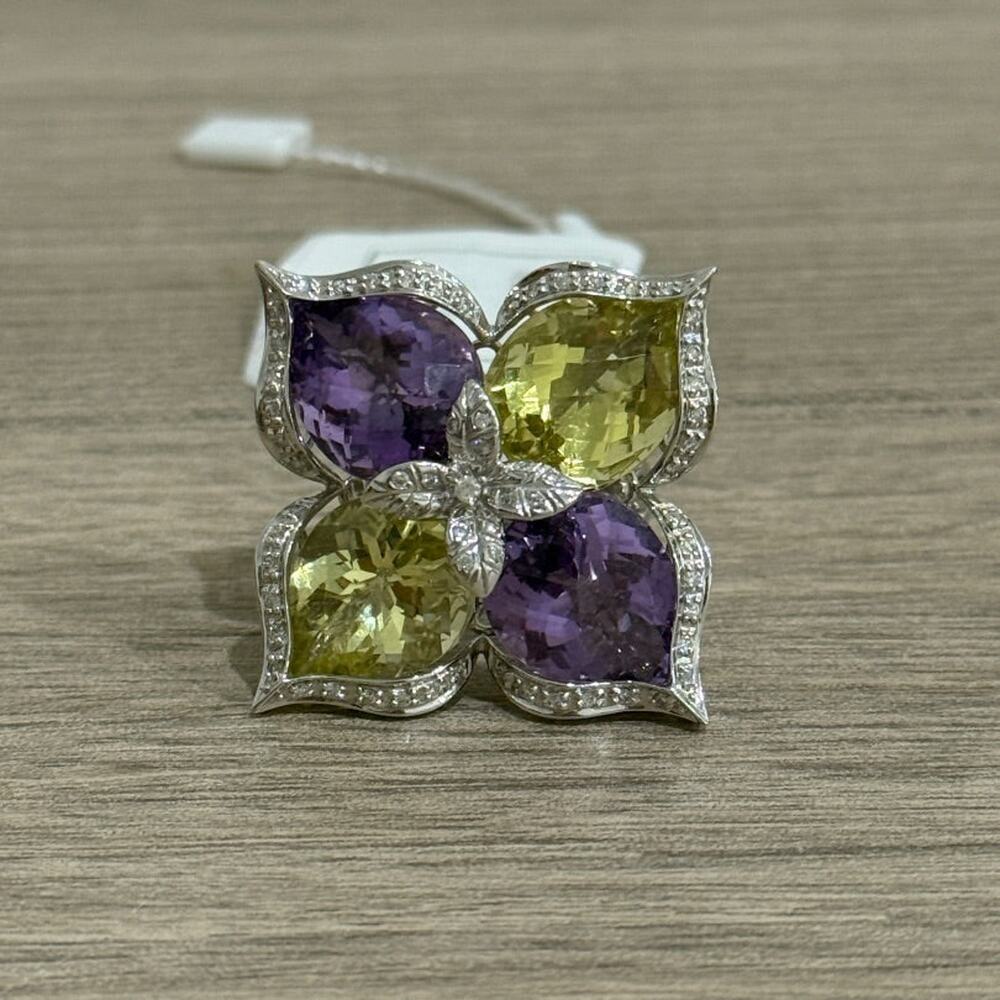Purple Yellow Gemstone Sterling Silver Statement Ring Women's Size 7